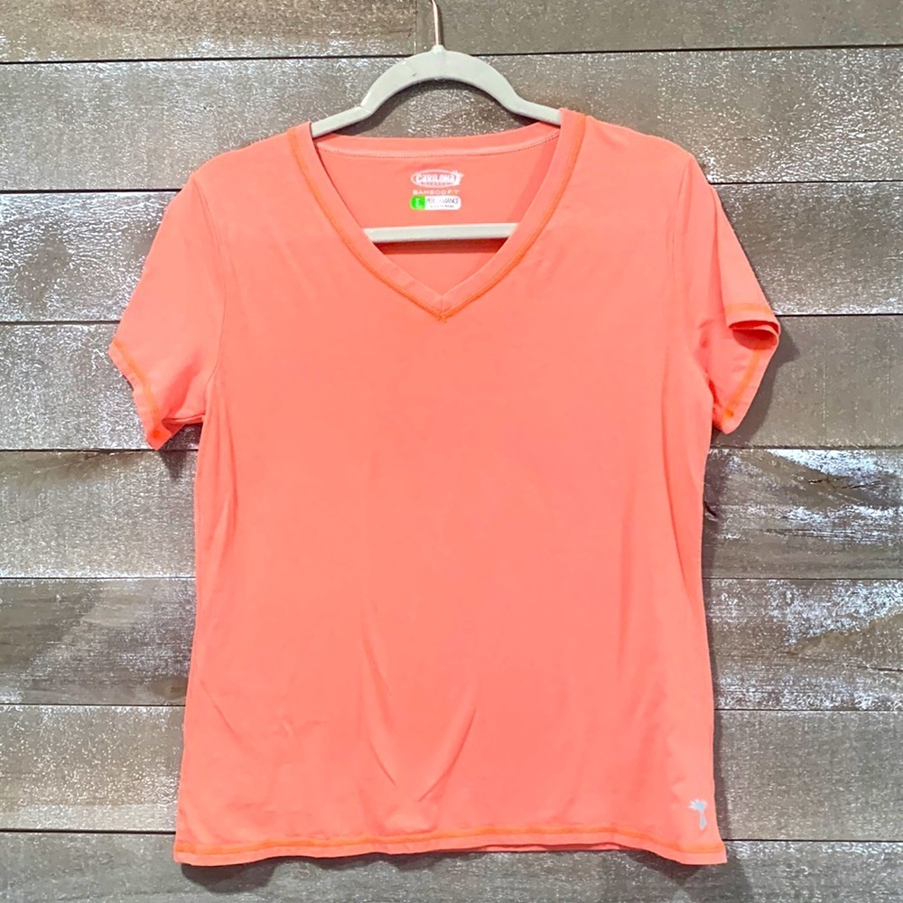 Cariloha bamboo fit performance fit organic cotton blend tee in sunkissed coral